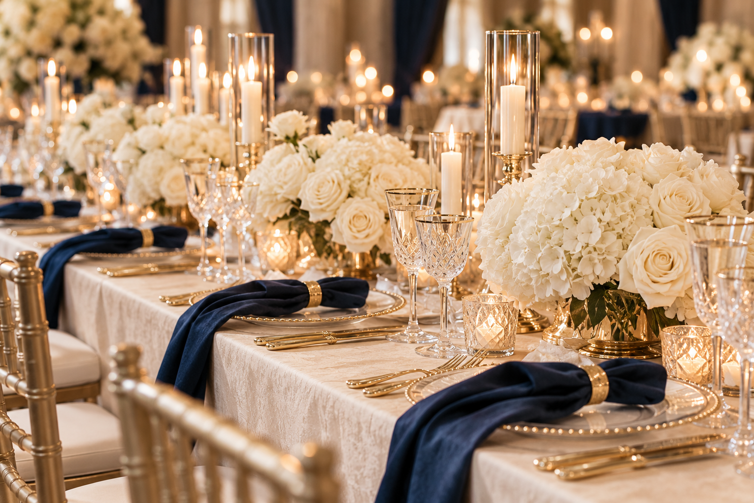 Ivory and gold wedding reception with white flowers and navy napkins